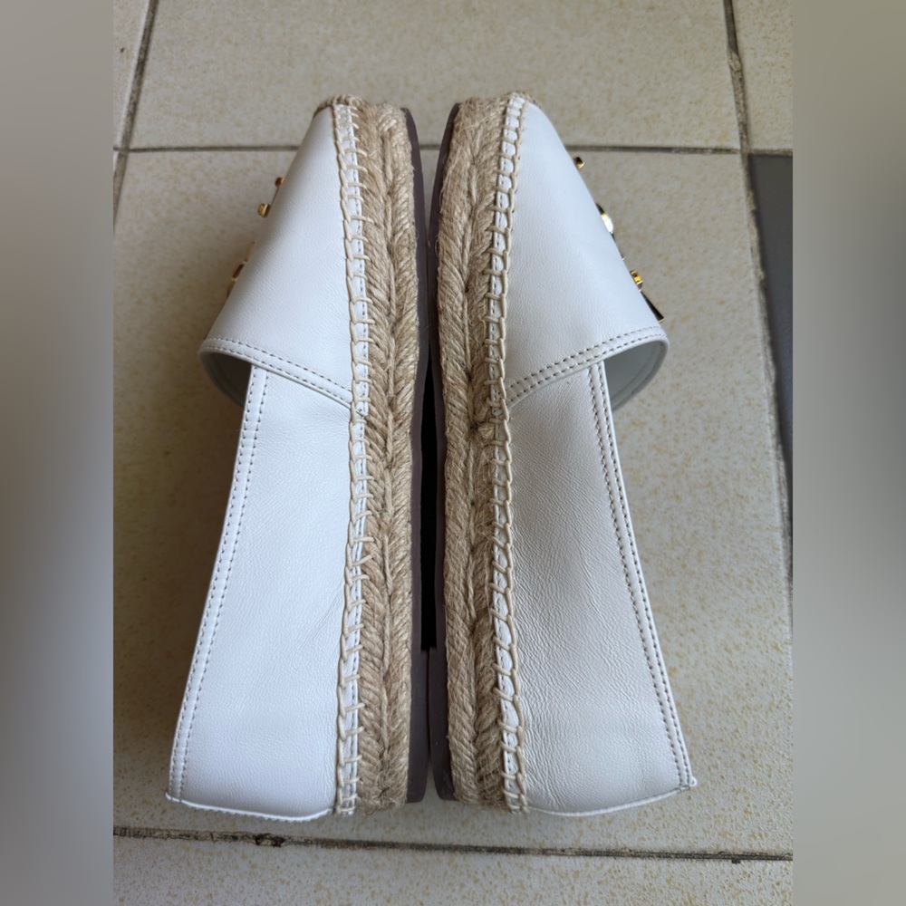 Saint Laurent White Leather Espadrille Flats with Gold Logo - Picture 6 of 10
